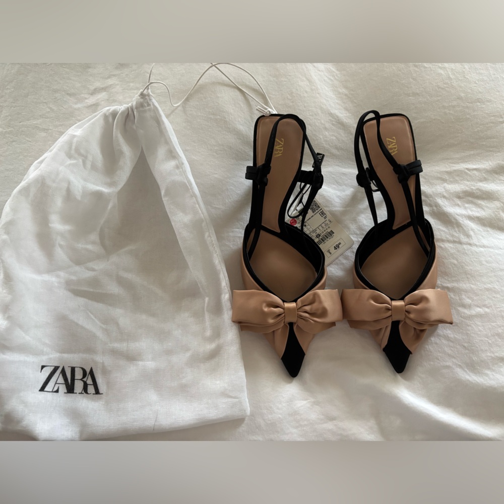Zara Black and Tan Heels with Bow Detail NWT